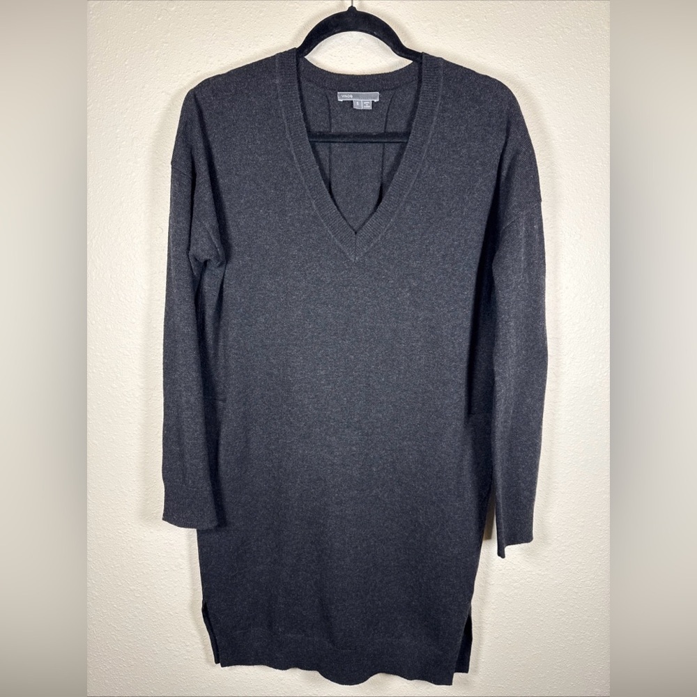Vince V-Neck Wool Cashmere Sweater Dress Pockets Gray S Oversized Minimalist